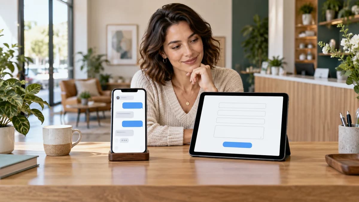 Celular e tablet representam dois caminhos para receber interessados: conversa e formulário.