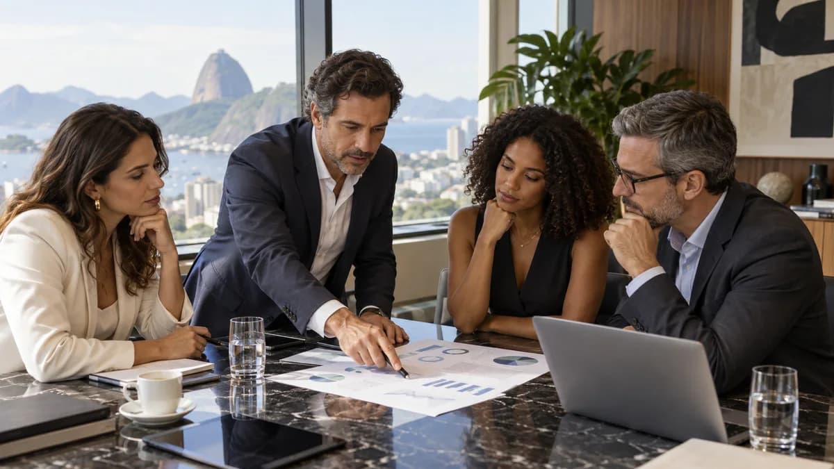 Duas pessoas revisam cartões de aprovação junto a uma linha do tempo abstrata de alterações.