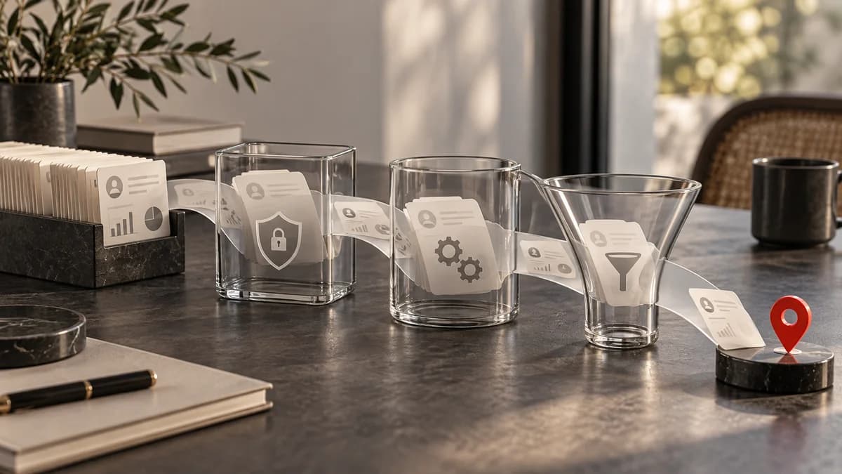 Cartões organizados atravessando etapas distintas representam o caminho dos dados até um resultado comercial.