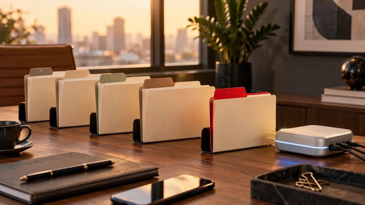 Pastas em etapas organizadas representam status comerciais preparados para uma integração de dados.