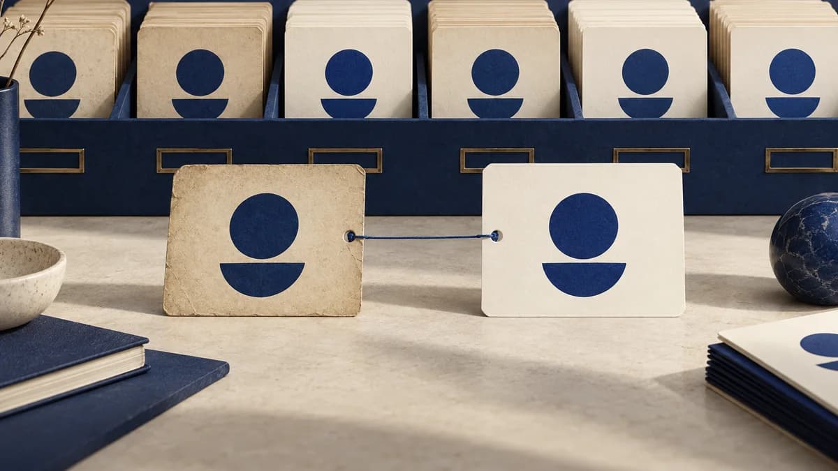 Cartões organizados e conectados representam identificação consistente e transição de campanhas.