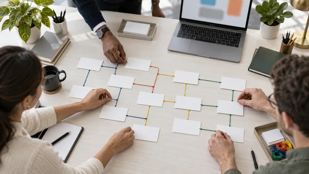 Cartões conectados e organizados representam a identificação consistente de campanhas em links.