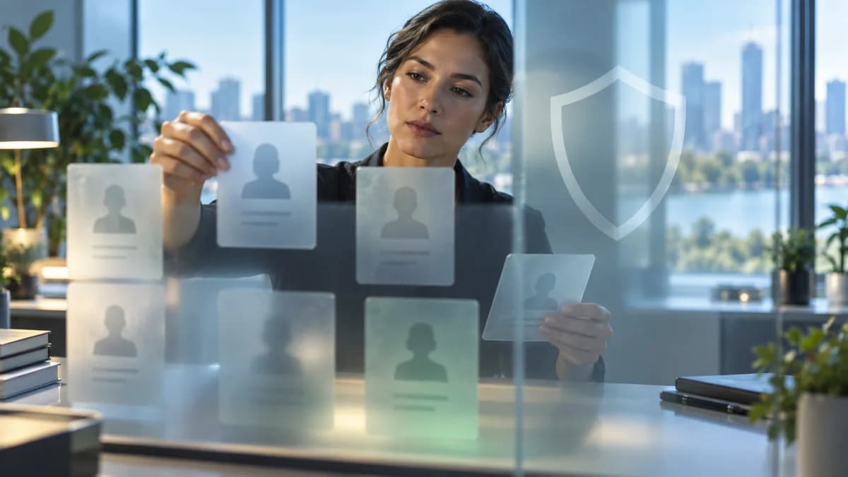 Pastas e divisórias translúcidas representam a organização de dados e escolhas de privacidade para anúncios.