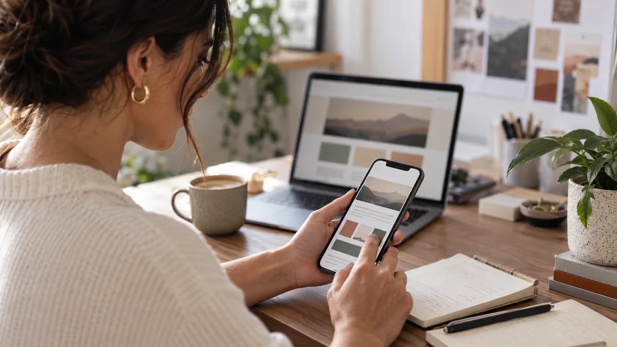 Pessoa testa uma página no celular com um computador ao fundo, representando a revisão mobile da campanha.