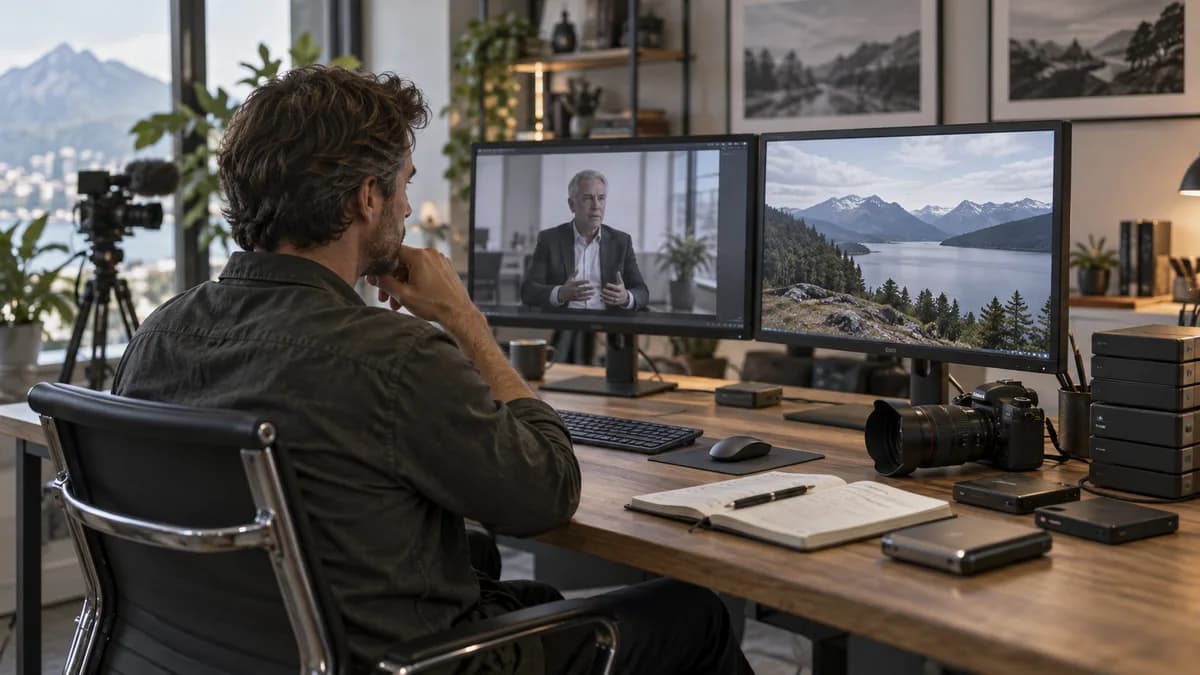 Produtor compara uma entrevista de arquivo com imagens atuais para planejar a atualização institucional.
