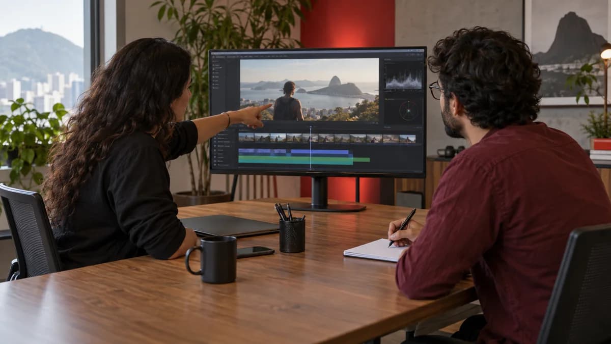 Cliente e editor conferem um trecho de vídeo juntos e registram ajustes para a próxima versão.