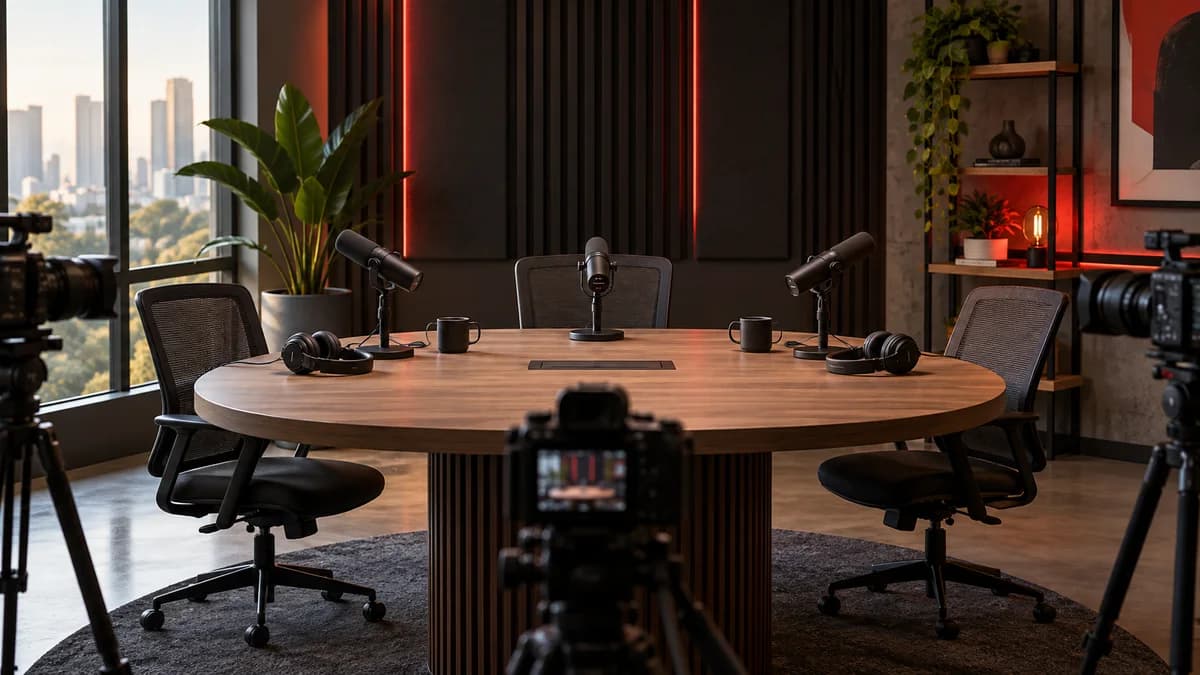Estúdio de podcast com três microfones, fones e câmeras posicionadas para diferentes participantes.