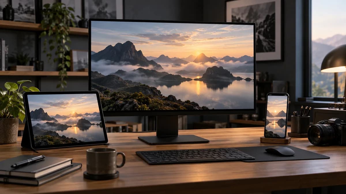Monitor, tablet e celular exibem versões de um vídeo para conferir a entrega em diferentes destinos.