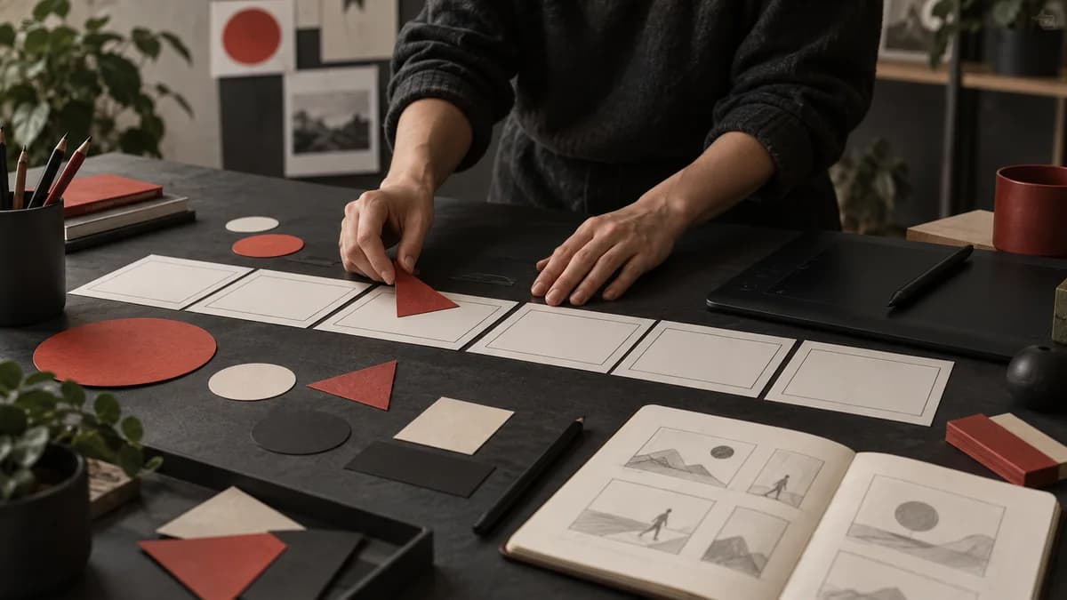 Designer organiza formas e quadros visuais para planejar uma animação explicativa de serviço.