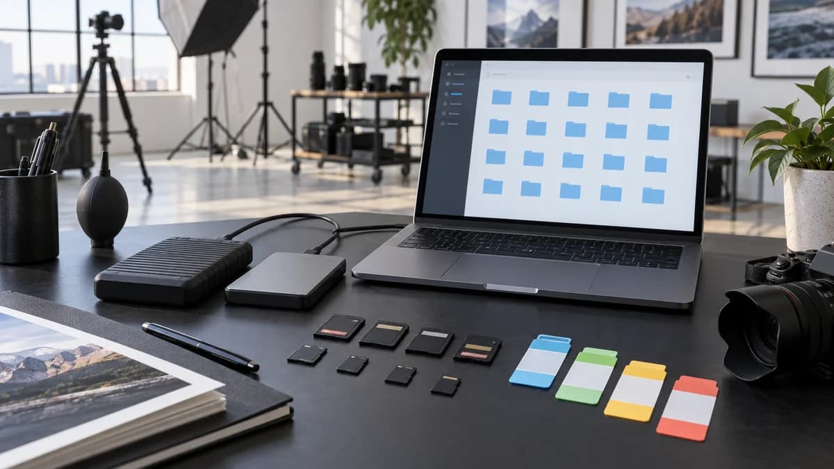 Cartões de memória e discos organizados ao lado de um computador para catalogar arquivos de gravação.