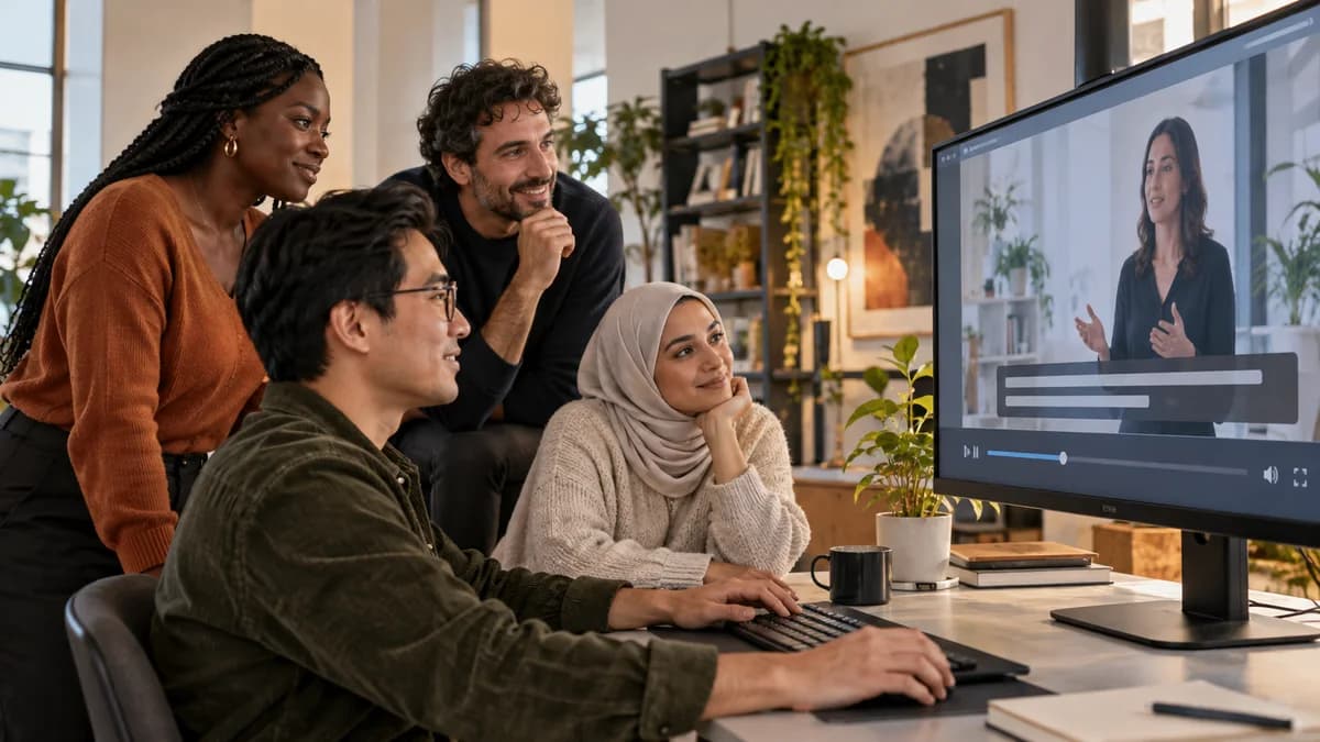 Equipe revisa uma videoaula com legendas visíveis e controles de reprodução acessíveis pelo teclado.