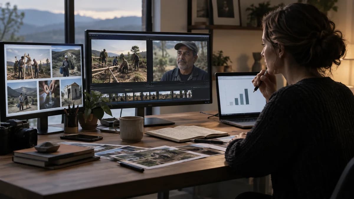 Produtor compara registros de projeto, gráfico e entrevista para montar um estudo de caso audiovisual.