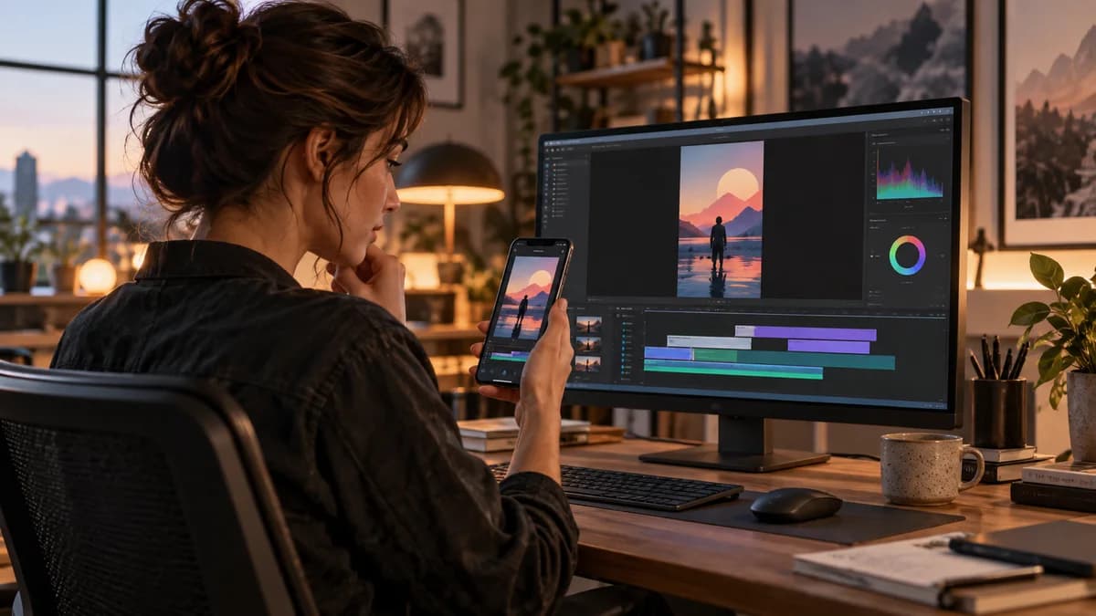 Revisores com fones comparam versões de um vídeo com faixas de legenda em dois monitores.
