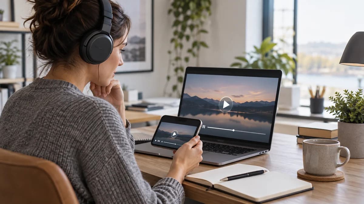 Profissional compara a reprodução de um vídeo em notebook e celular durante um teste de acesso.