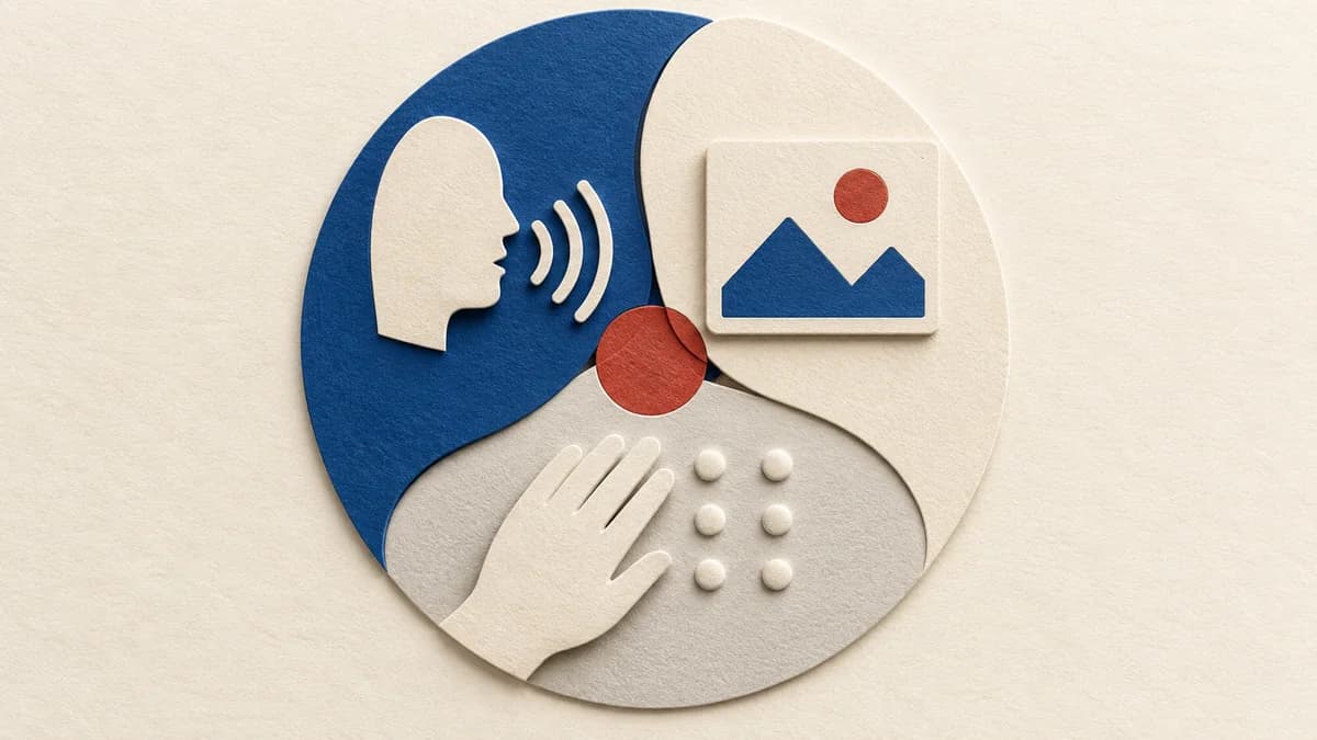 Acessibilidade em anúncios: o que revisar antes de veicular Canais de áudio, imagem e formas táteis convergem em uma composição sobre comunicação acessível.