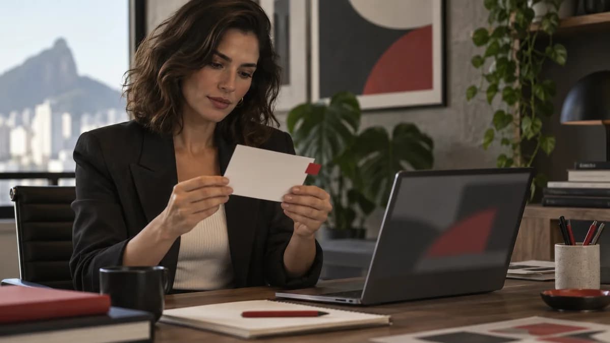 Anúncio reprovado no Google: como organizar a correção Profissional conferindo um material de campanha marcado para revisão ao lado de um computador.