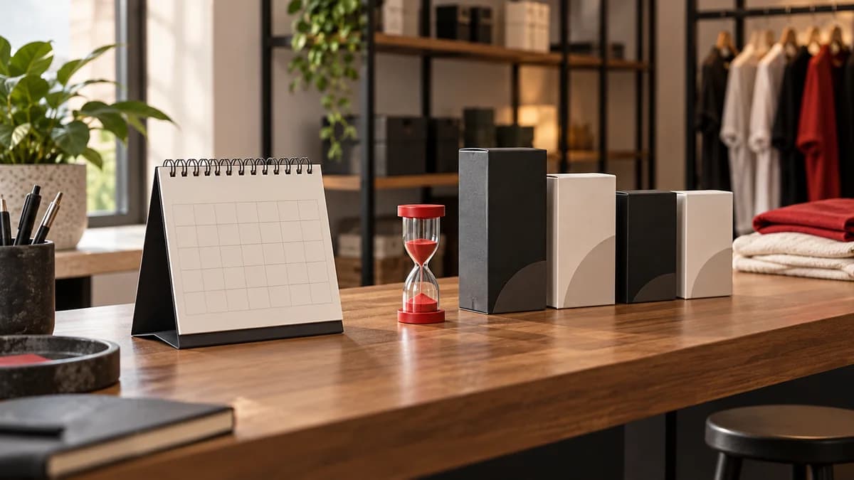 Anúncios para promoções curtas: prepare a operação e a campanha Produtos organizados ao lado de um calendário sem marcações representam o planejamento de uma promoção curta.