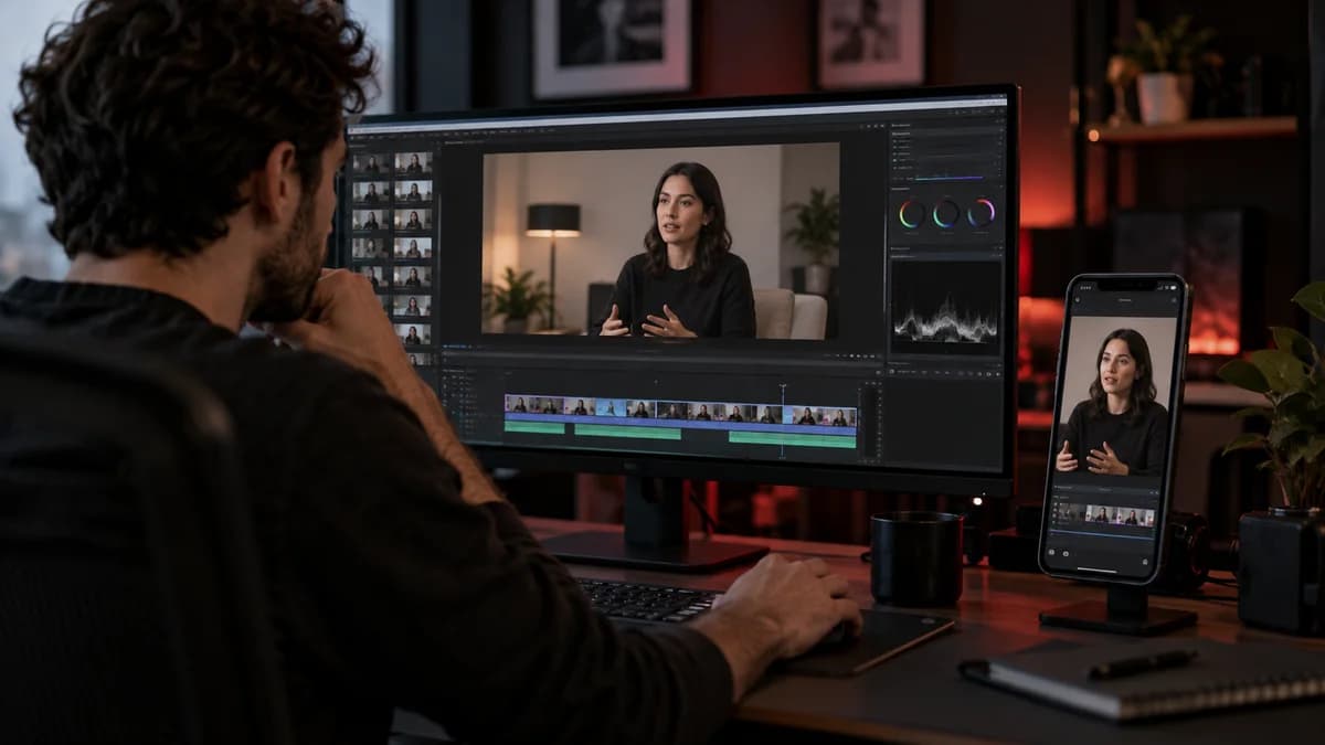 Do horizontal ao vertical: quando reenquadrar e quando remontar o vídeo Editor compara o enquadramento de uma entrevista em uma tela horizontal e em um celular vertical.