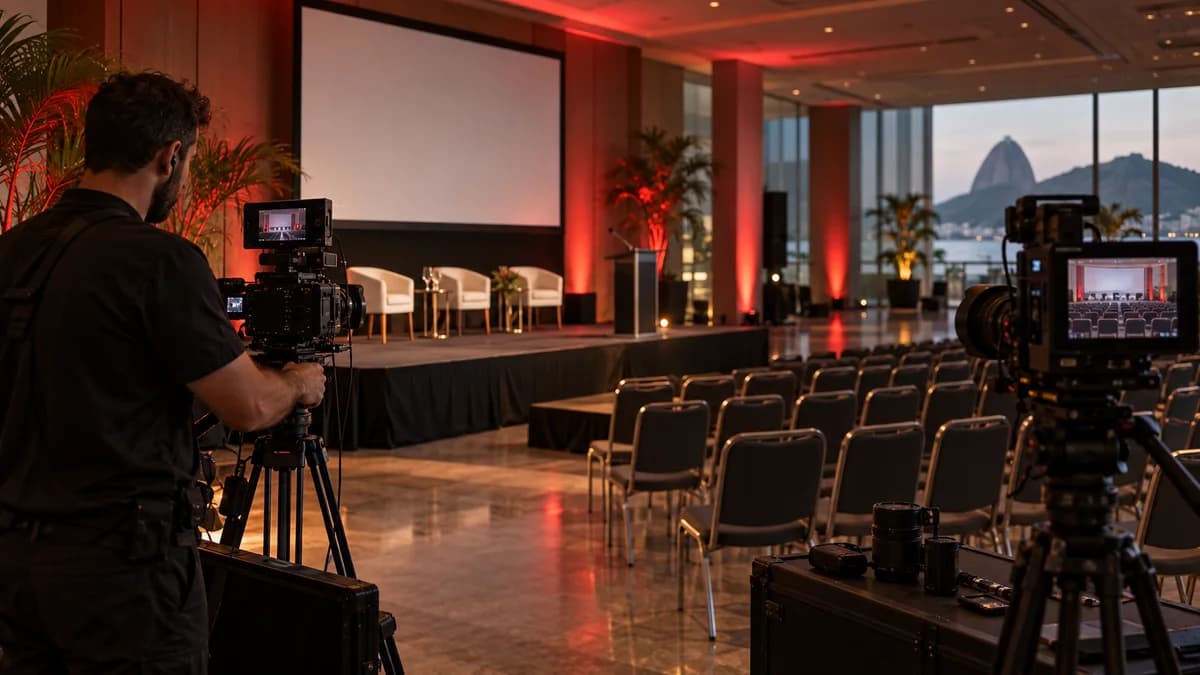 Cobertura de evento empresarial: defina as entregas antes do dia Equipe prepara câmeras e enquadramentos em um auditório antes de um evento empresarial.