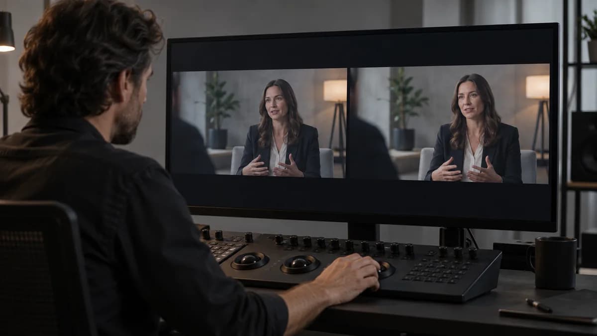 Câmeras e celulares diferentes: como alinhar as cores do vídeo Colorista compara dois enquadramentos de uma entrevista para ajustar diferenças de cor e luminosidade.