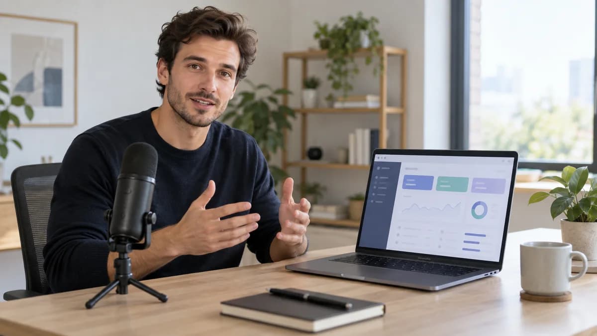 Demonstração de SaaS por tela: como provar o fluxo que você mostra Apresentador grava uma interface demonstrativa de software em um notebook com microfone separado.