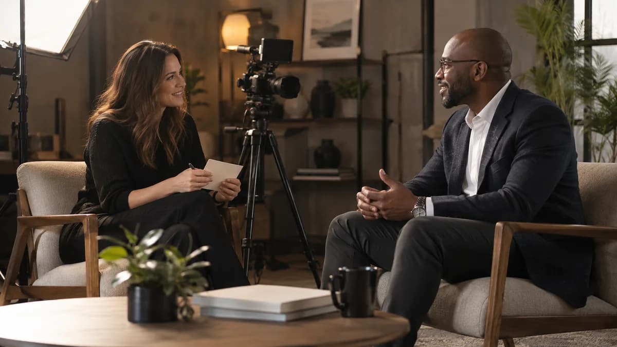 Como preparar um entrevistado sem pedir respostas decoradas Produtora conversa com uma participante antes de uma entrevista, com câmera e iluminação preparadas.