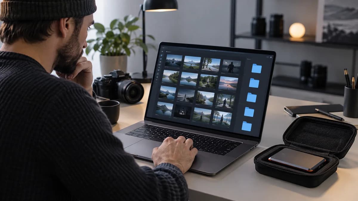 Como proteger arquivos e limitar acessos na entrega de vídeos Produtor confere arquivos de entrega em um notebook ao lado de um disco guardado em estojo.