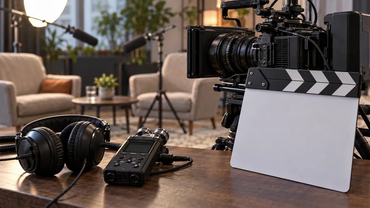 Como preparar áudio externo e câmera para sincronizar entrevistas Gravador de áudio, fones e câmera preparados para registrar som e imagem de uma entrevista.