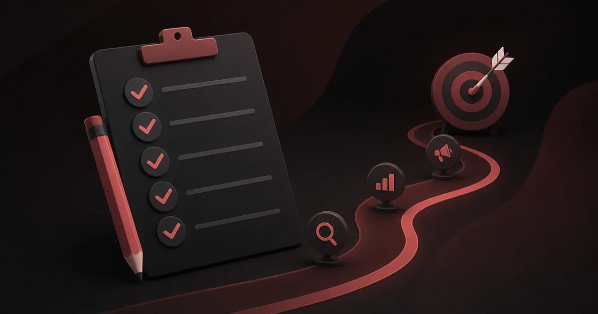 Plano de marketing digital em cinco passos Checklist e caminho até um alvo representando um plano de marketing