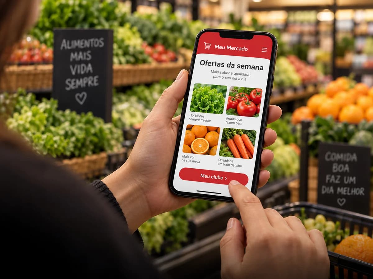Conceito ilustrativo de aplicativo de supermercado em um celular, com ofertas e clube de clientes